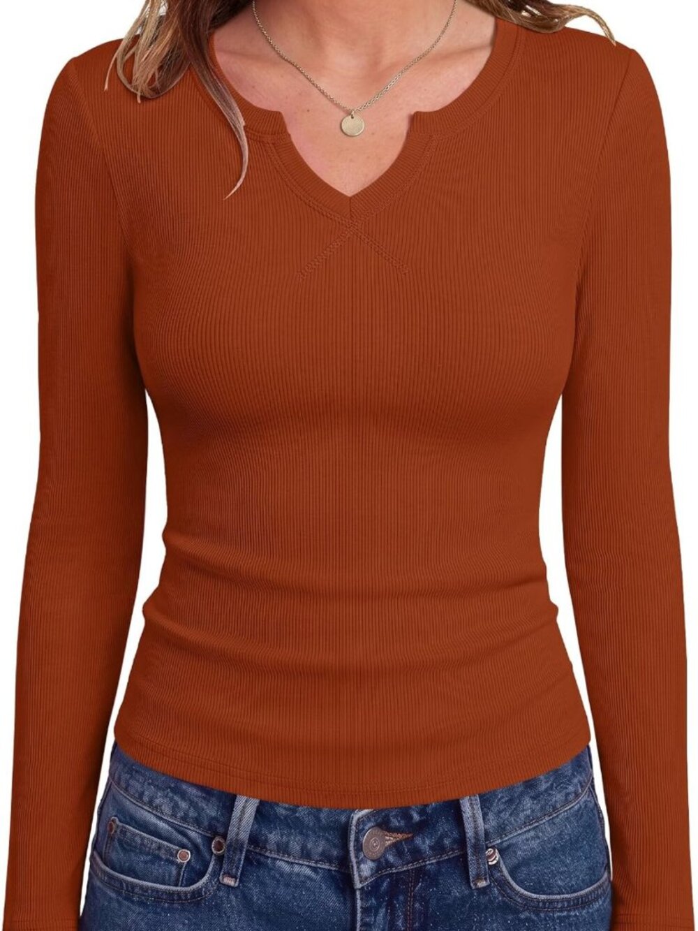Slim Fit Long Sleeve Rib Knit Top | Stretchy Basic Tee for Women